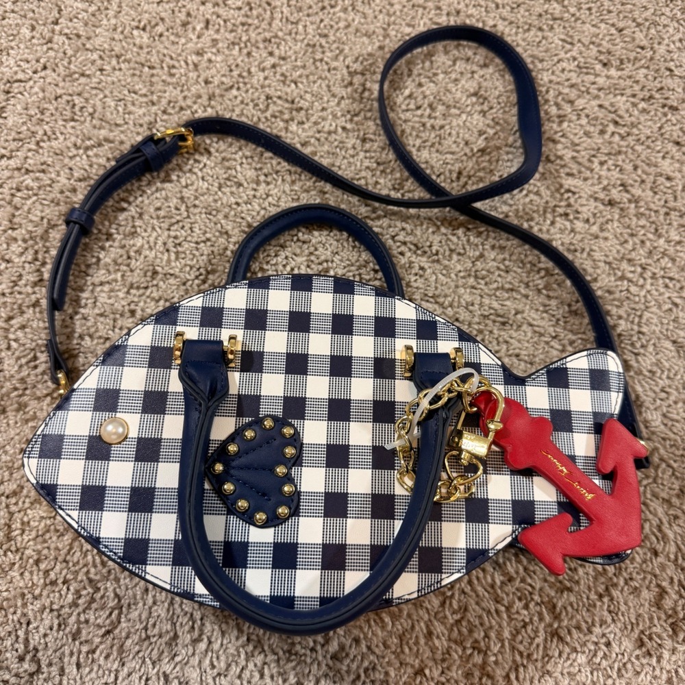 Betsey Johnson Fish Crossbody Bag Womens OS Navy Gingham Excellent Nautical